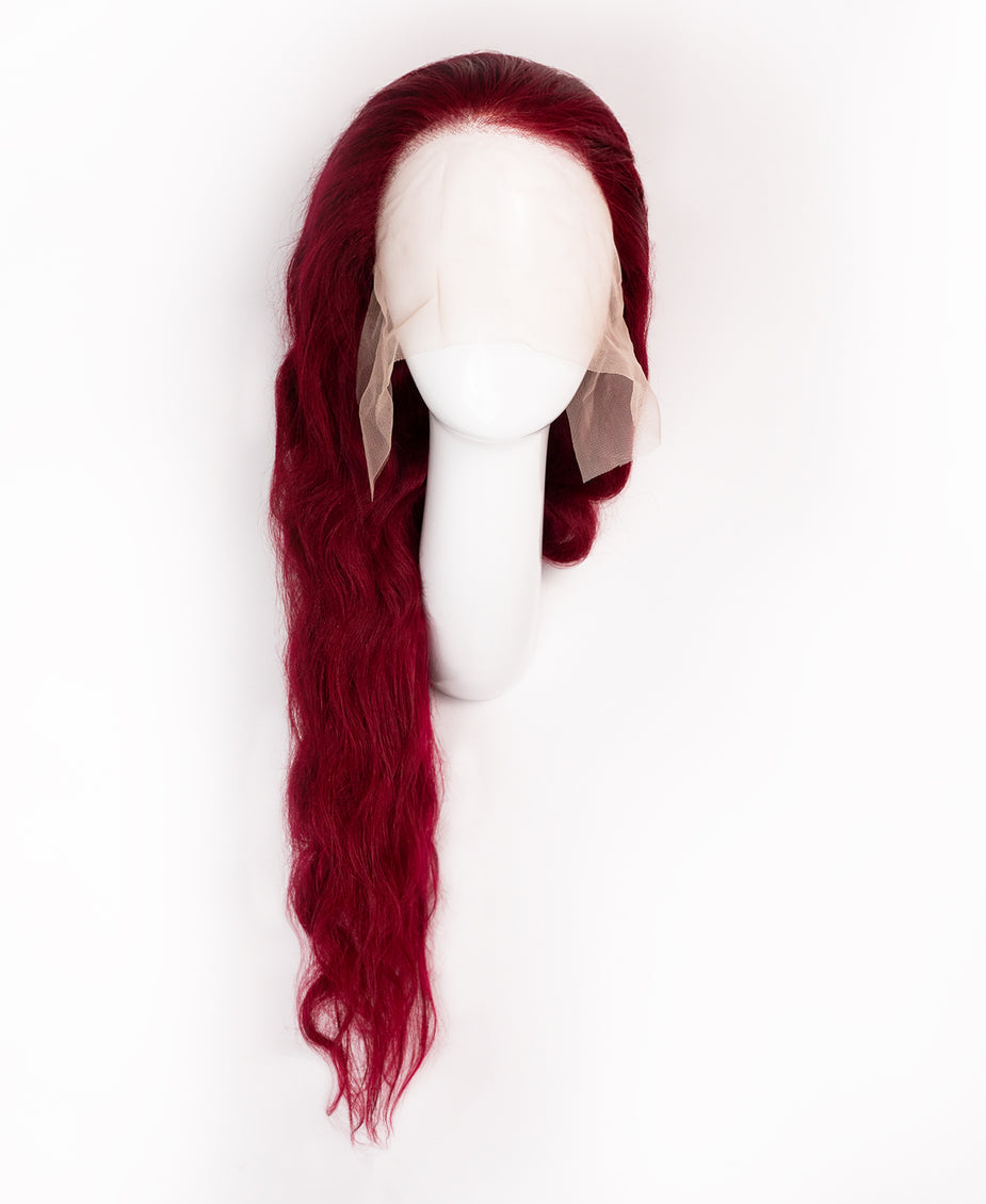 lace front human wig wavy 13x4 - 30" cherry red.