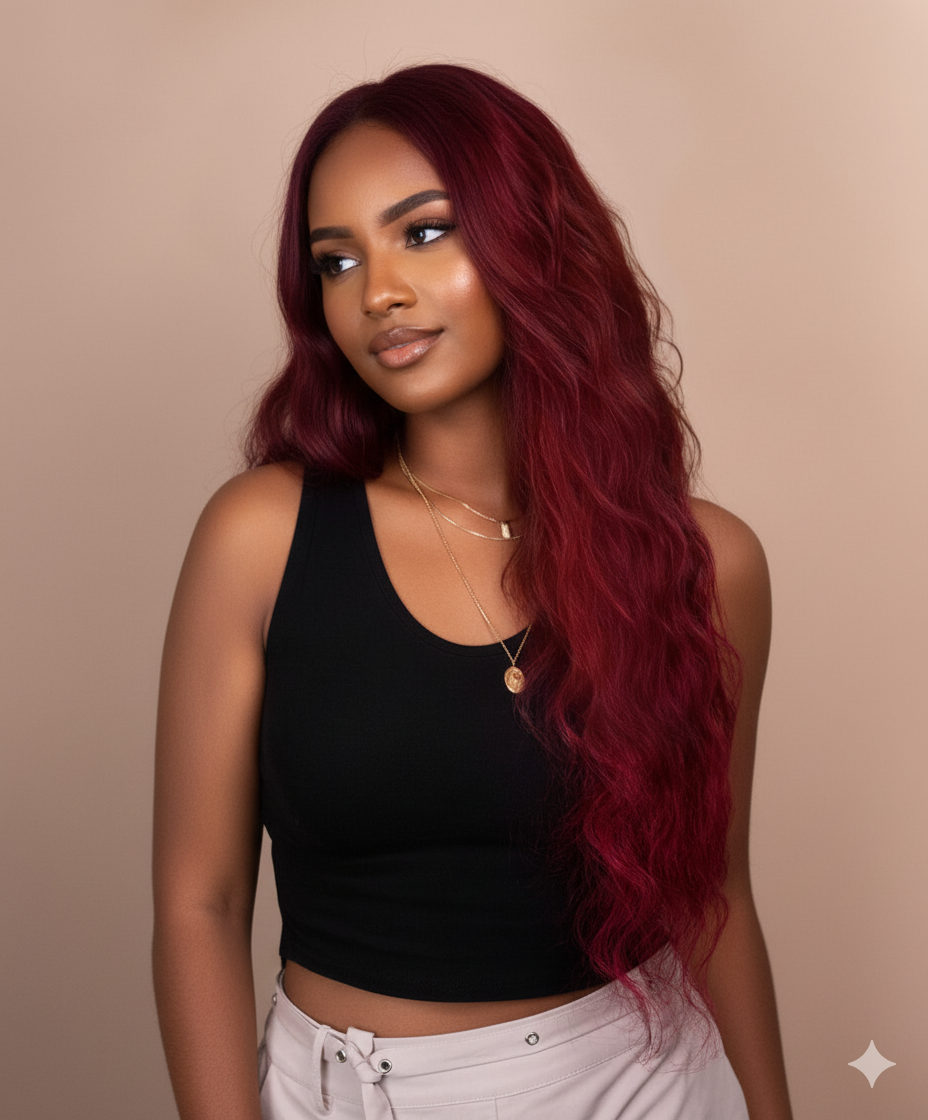 lace front human wig wavy 13x4 - 30" cherry red.