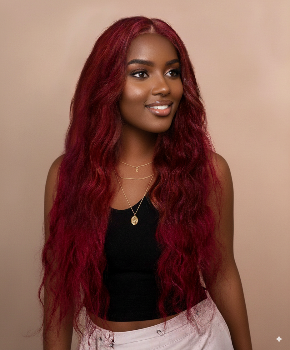 lace front human wig wavy 13x4 - 30" cherry red.