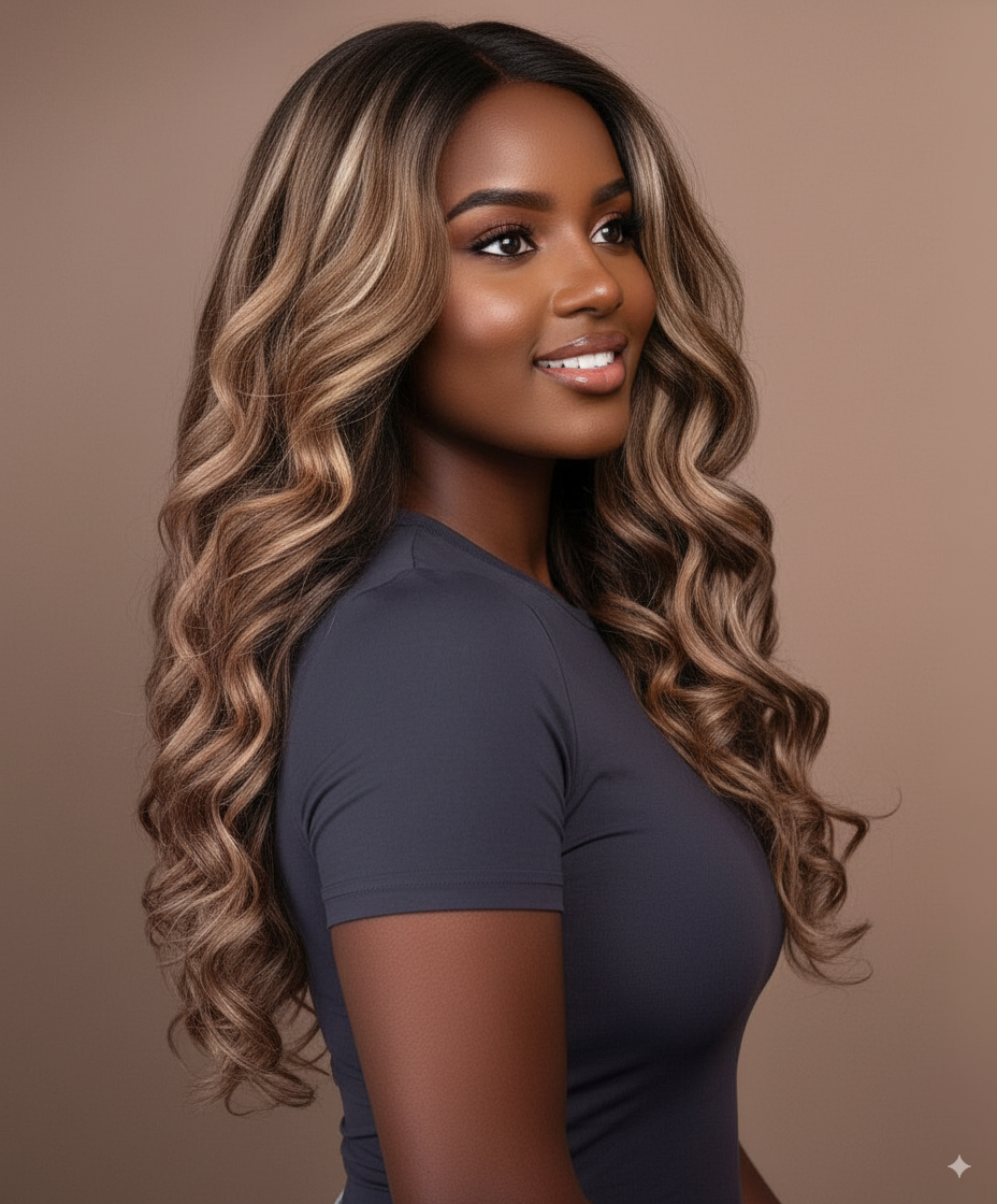 put on & go pre-cut lace wavy human wig - 24" bronzed highlights.