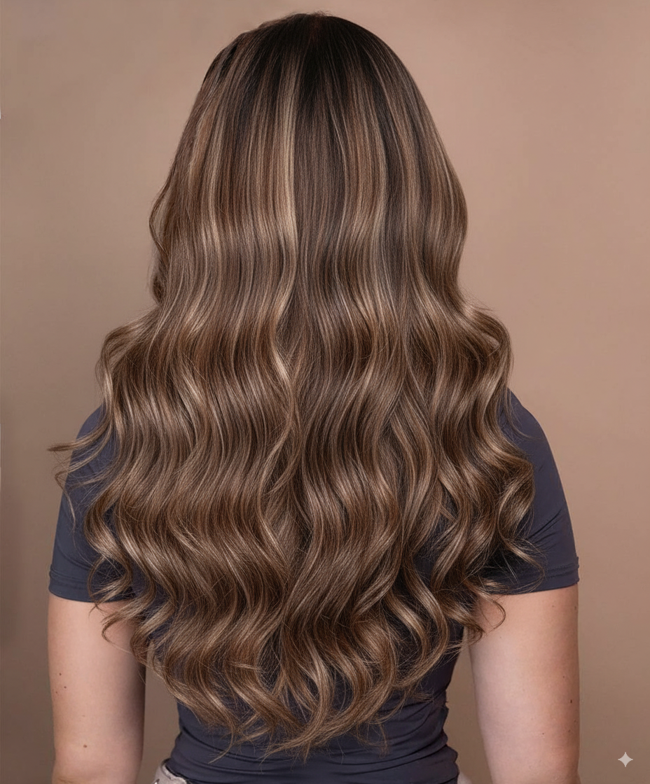 put on & go pre-cut lace wavy human wig - 24" bronzed highlights.